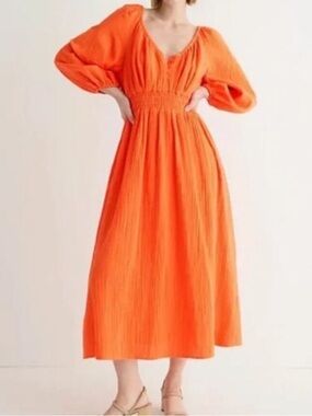 J Crew V Neck Soft Gauze Puff Sleeves Midi Dress Fire Lily Orange Size S